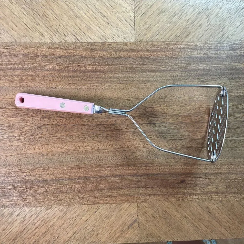 Vintage Potato Masher Pink Handle Ecko Forge USA Stainless Steel Retro